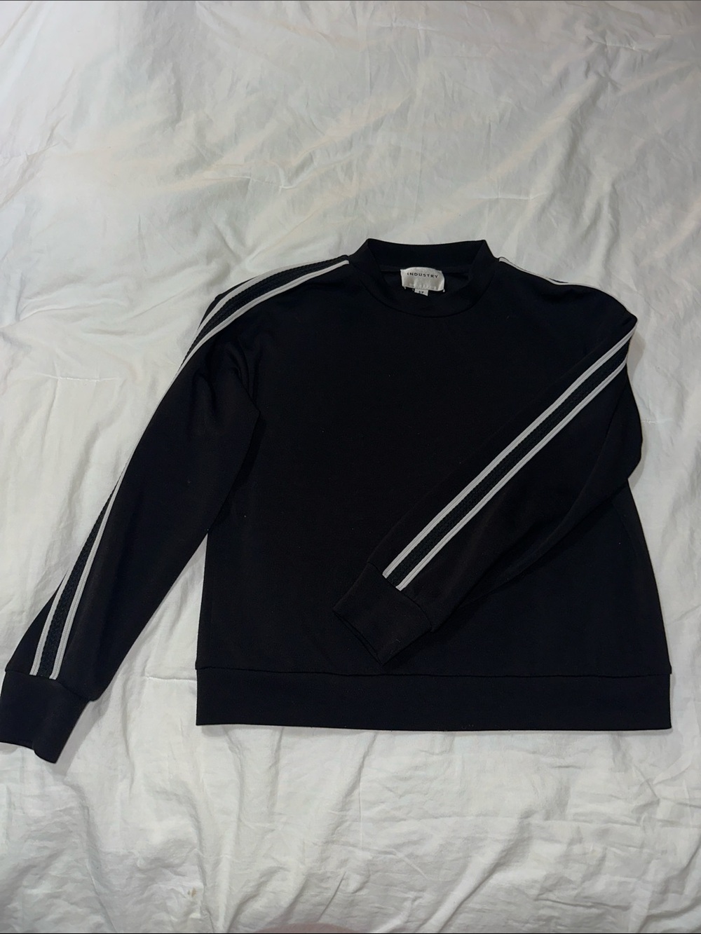 Black Crewneck Sweater with Grey Sleeve Stripes